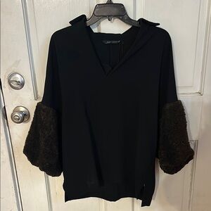 Zara Black Blouse with Faux Fur Sleeves